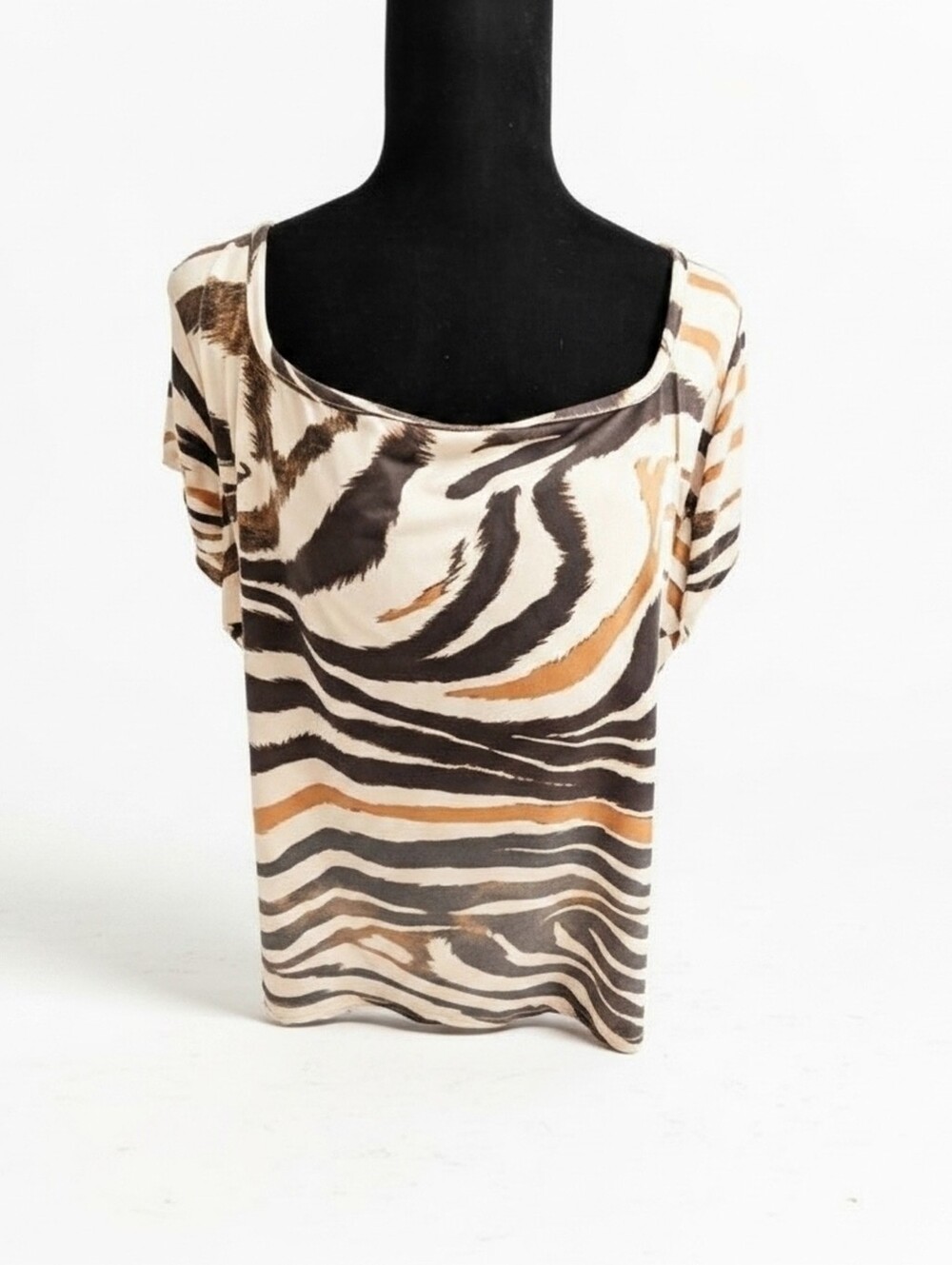VENUS Zebra-Print Scoop Neck Short Sleeve Top - White/Brown/Black